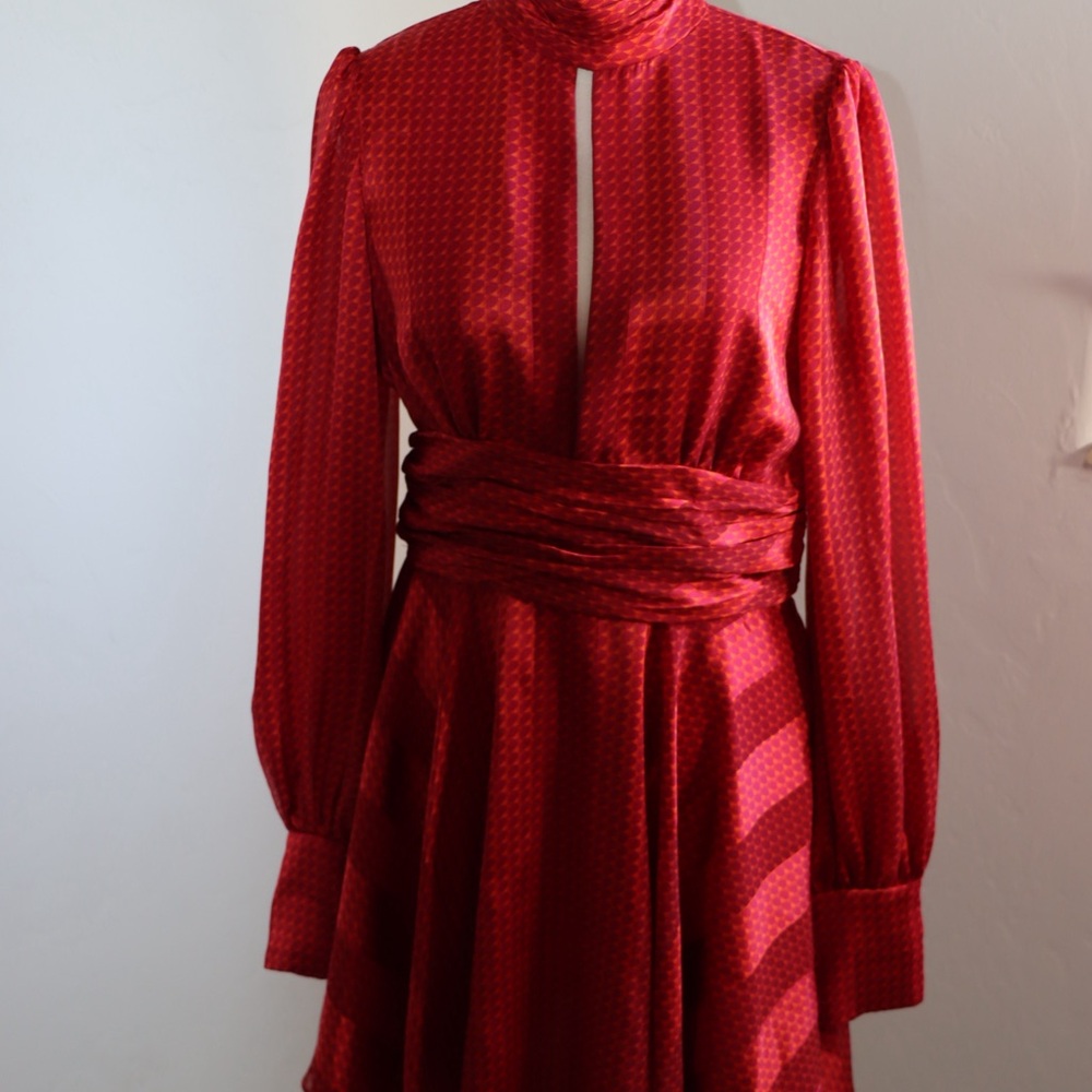 Red Pleated Wrap Dress with Bishop Sleeves